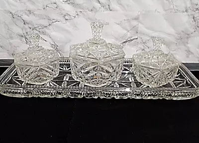 Buy Vintage Crystal Glass Vanity Set Tray & Trinket Pots Dressing Table Set • 15£