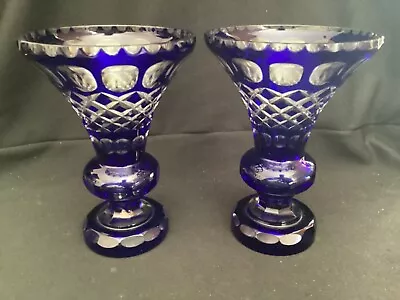 Buy Pair 7” Tall Vintage Bohemian Czech Cobalt Blue Cut To Clear Crystal Glass Vases • 75.98£