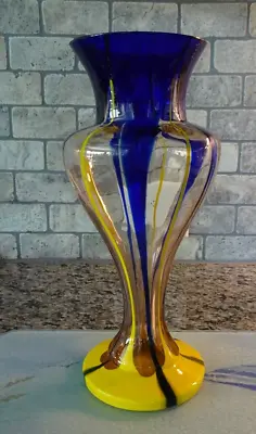 Buy 11  Large Kralik Glass Czechoslovakia Bohemian Lines Flame VASE Blue Yellow • 258.33£