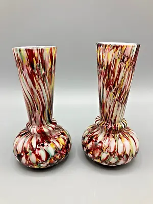 Buy Pair Of Antique Bohemian Welz Harlequin Honeycomb Small Spatter Glass Vases • 29.99£