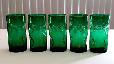 Buy Vintage MCM Pilgrim Crackle Glass Dimpled Green Tumblers 5-3/4”, Set Of 5 • 56.85£