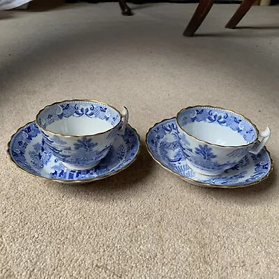 Buy Blue White Willow Pattern  Tea Cups & Saucers Circa 1820 Two Men On A Bridge • 30£
