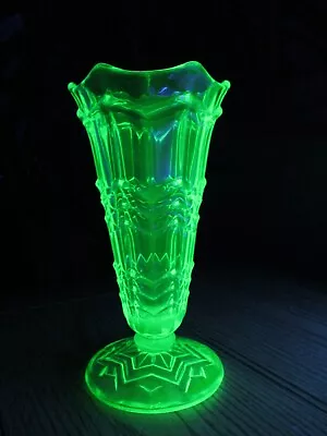 Buy Vintage Art Deco 30s Sowerby Green Uranium Glass Chevron Trumpet Vase 2592 Retro • 29.99£
