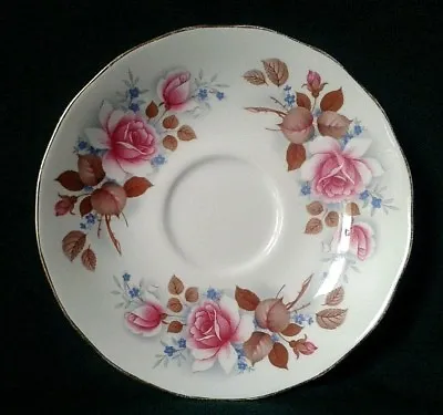 Buy Queen Anne Saucer Bone China Tea Saucer Blue Flowers Brown Leaves And Pink Roses • 12.95£