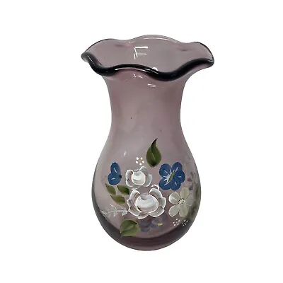 Buy Fenton For Teleflora 8  Ruffled Purple Amethyst Glass Vase Hand Painted Vintage • 15.71£