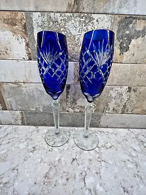 Buy Bohemian Czech Crystal Cobalt Cut To Clear Champagne Glasses..2 • 47.24£