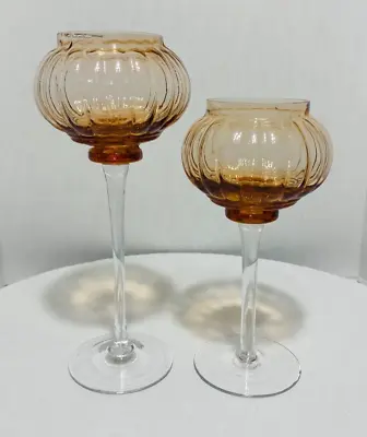 Buy Long Stem Glass Candle Holder - Set Of 2 Tall Tea Lights Amber Candle Holders. • 18.96£
