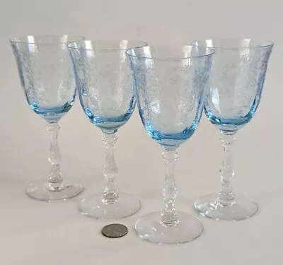 Buy Set 4 FOSTORIA NAVARRE Blue Etched Wine Glasses Vintage MINT! • 188.60£