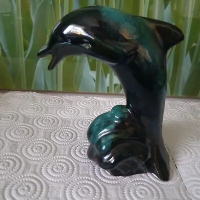 Buy Blue Mountain Pottery Leaping Dolphin 15cm H Green Black Drip Glaze • 7£