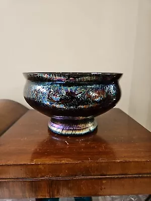 Buy Vintage Royal Brierley Studio Art Glass Black Iridescent Pedestal Bowl • 54.99£