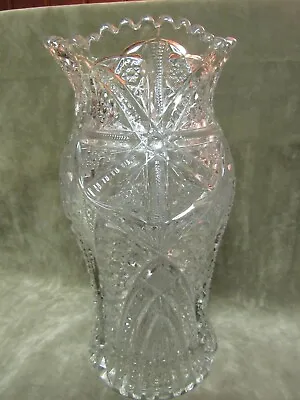 Buy Circa 1920's Large Pressed Pattern Glass Vase Geometric Hobstar Scalloped Design • 281.43£