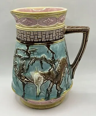 Buy Antique Majolica Pitcher Wolf Hunting Scene Late 1800’s, 8.5 Inch As Description • 90£