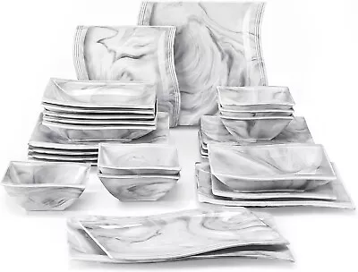Buy 26pc Marble Grey Dinner Set Square Plates Bowls Serving Platter Crockery For 6 • 139.95£