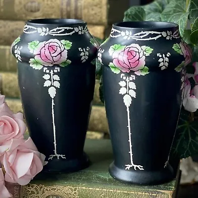 Buy SHELLEY 8103 Riself Vases X 2 Pink Roses On Black - - Art Deco • 35£