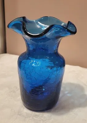 Buy Vintage Hand Blown Crackle Glass Ribbon Vase Blue Art Glass  4.5” • 8.54£
