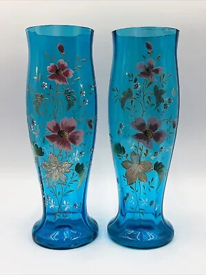 Buy Antique Bohemian Czech Bright Blue Optic Glass Enameled Floral Mantel Vases • 81.96£