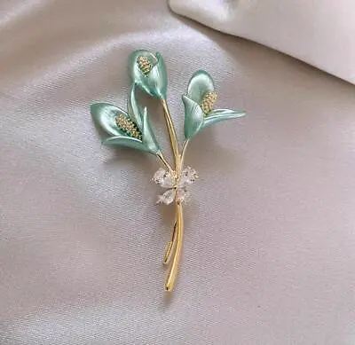 Buy Art Deco Style Vintage Enamel Crystal Green Lily Flowers Brooch Badge Pin Gift • 5.99£