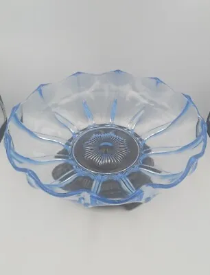 Buy Art Deco Rosice Aqua Blue Glass Centerpiece Bowl With Black Glass Pedestal Base. • 30£