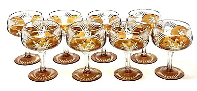 Buy 8 Hand Cut CRYSTAL ORANGE Champagne Wine Sherry Goblets Glasses Bohemian German • 278.80£