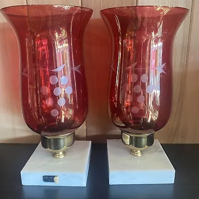 Buy VTG Etched Cranberry Glass Candle Holders Marble Base Made In Italy Pair Of 2 • 123.09£