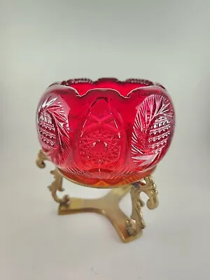 Buy Fenton Art Glass Rudy Red Regency Bowl In Brass Stand Cadmium Glow Base & Edge! • 45.47£