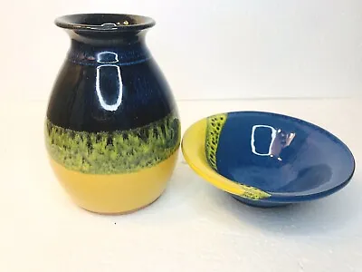 Buy Vintage Pottery Bud Vase Dish Set Made In Greece Blue Yellow  5” Stripe Glazed • 15.17£