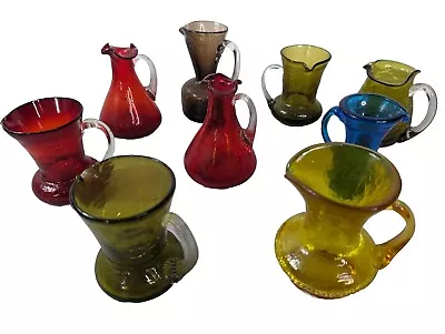 Buy Hand Blown Amber Crackle Glass Small Pitcher Vase Lot Of 9 Red Green Blue Vtg • 52.05£