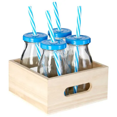 Buy 4PC Retro Drinking Glass Bottle Set With Lid And Straw Milk Juice Drinks 200ml • 11.25£