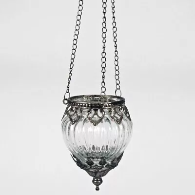 Buy Glass Hanging Ribbed Tea Light Candle Holder Moroccan Home Decor Metal Lantern • 15.95£