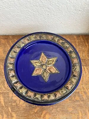 Buy Vintage Pottery Bowl, Cobalt Blue, Moroccan Copper/brass Metal Inlay • 83.68£