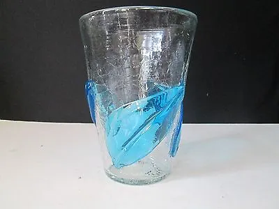 Buy BLENKO Art Glass Vase Clear Crackle Applied Blue Leaves Design Vintage Retro • 56.91£