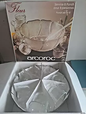Buy Vintage Arcoroc Fleur Punch Bowl Set 8 Glasses & Ladle VGC • 22.99£