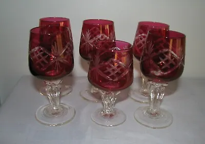 Buy 6 Vintage Red Cut To Clear Crystal Sweet Wine Sherry Goblets Cordials Bohemia • 37.89£