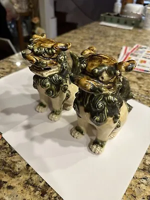 Buy Antique Pair Foo Dogs Foo Lions Dragons Asian Chinese Glazed Stoneware Pottery • 382.85£