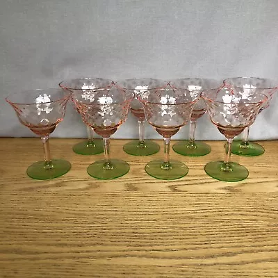 Buy 8  Depression Tiffin Watermelon Pink & Green Champagne/Wine Glasses 5” - Chips • 89.61£