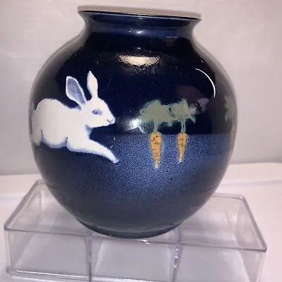 Buy Karen Howell Blue Rabbit Moon Art Pottery Vase Signed Original Tag Bunny Carrots • 147.77£