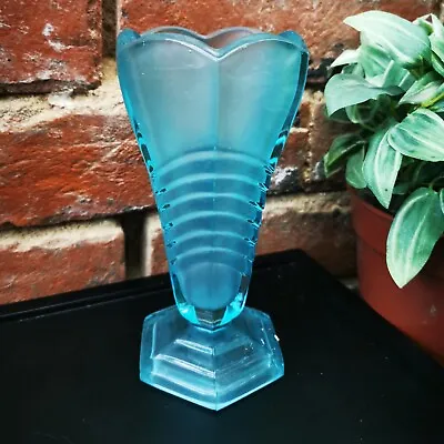 Buy Davidson Glass Art Deco Vase, Frosted Aqua Chevron Conical Vase 16.5cms • 32.99£
