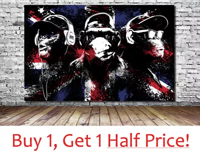 Buy 3 WISE SWAG MONKEYS : CANVAS WALL ART PRINTS - Union Jack Banksy Gorilla Picture • 37.99£