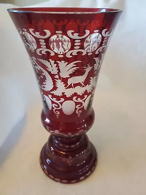 Buy Egermann Vase Stag Deer Ruby Red Cut To Clear 9 1/4  Bohemian Maybe 1920's • 62.43£