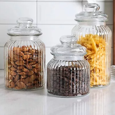 Buy 3PC Ribbed Glass Jars Storage Pots Tea Coffee Sugar Canister Food Sweet Biscuit • 11.99£