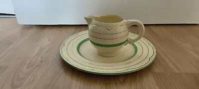 Buy Vintage Clarice Cliff Newport Pottery Art Deco Green Gold Band Cream Jug & Plate • 19.99£