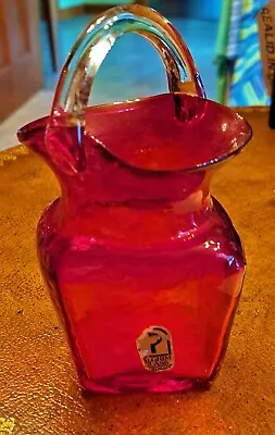 Buy Small Pilgrim Glass Red Vase Handblown Crackle, With Handle • 8.53£