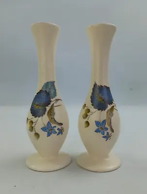 Buy Axe Vale Pottery Devon -  2x 14.5cm Bud Vases - Blue Floral Vintage • 5£