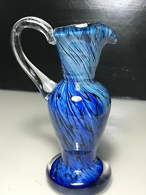 Buy Etch-marked Mtarfa Studio Blue, White & Black Mottle Swirl Art Glass Handled Jug • 12.99£