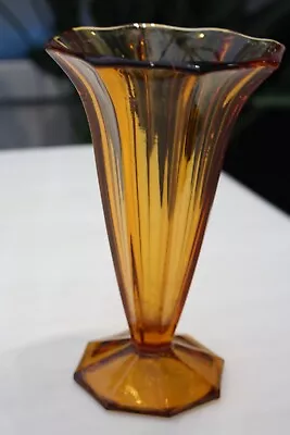 Buy Vintage Bagley Amber Glass Trumpet Footed Vase Octagonal Base Art Deco Davidson • 12.50£