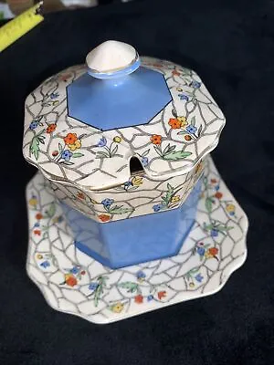 Buy Devon Ware Fieldings Preserve Pot  And Plate With 'Crazy' Floral Design Art Deco • 25£