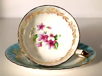 Buy Aynsley Robin Egg Blue Cup And Saucer With Violets & Gold Leaves MINT • 13.93£