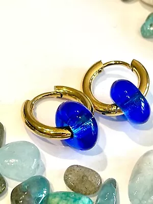 Buy Royal Cobalt Blue Glass Donut Gold Huggie Hoop Earrings • 8.99£