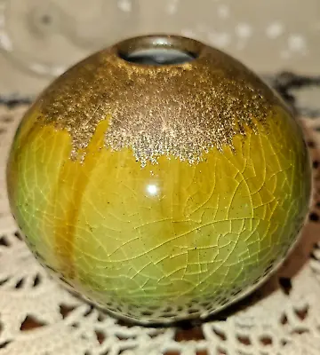 Buy Beautiful Vintage Round Drip Crackle Glaze Bud Vase Green Yellow Brown • 22.17£