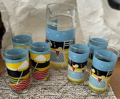 Buy Vintage 6 Glasses & Jug/Pitcher Retro 60s 70s Martini Lemonade Water Beach Theme • 30£